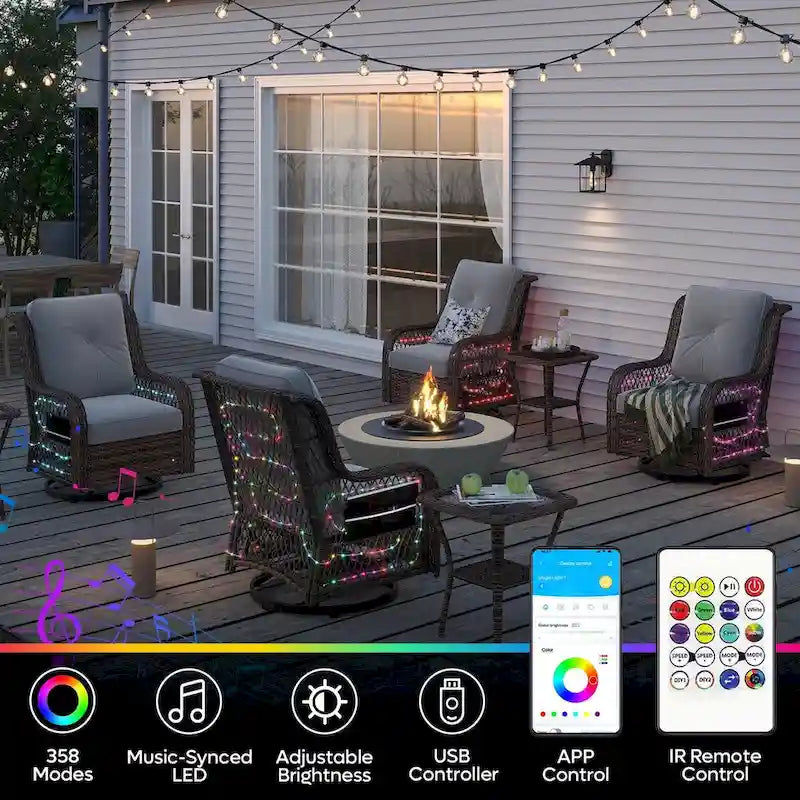 Sedia a dondolo da esterno e tavolino in rattan con illuminazione a LED orientabile, 2 pezzi (seduta singola)