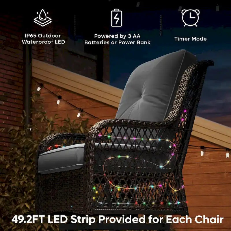 Sedia a dondolo da esterno e tavolino in rattan con illuminazione a LED orientabile, 2 pezzi (seduta singola)