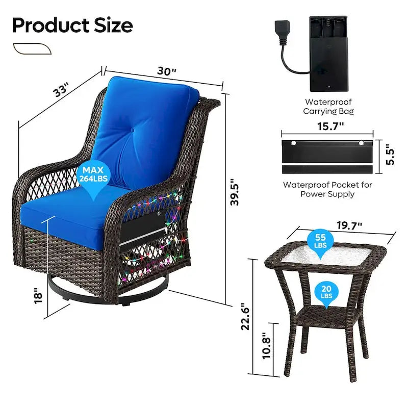 Sedia a dondolo da esterno e tavolino in rattan con illuminazione a LED orientabile, 2 pezzi (seduta singola)