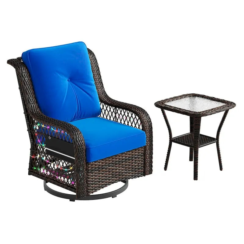 Sedia a dondolo da esterno e tavolino in rattan con illuminazione a LED orientabile, 2 pezzi (seduta singola)