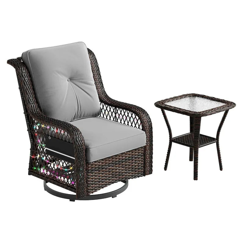 Sedia a dondolo da esterno e tavolino in rattan con illuminazione a LED orientabile, 2 pezzi (seduta singola)