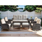 Divano in Rattan con Poltrone Girevoli a Dondolo, Pouf - Marrone
