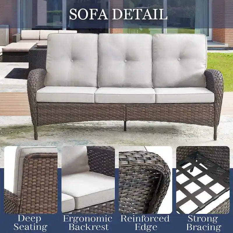 Divano in Rattan con Poltrone Girevoli a Dondolo, Pouf - Marrone