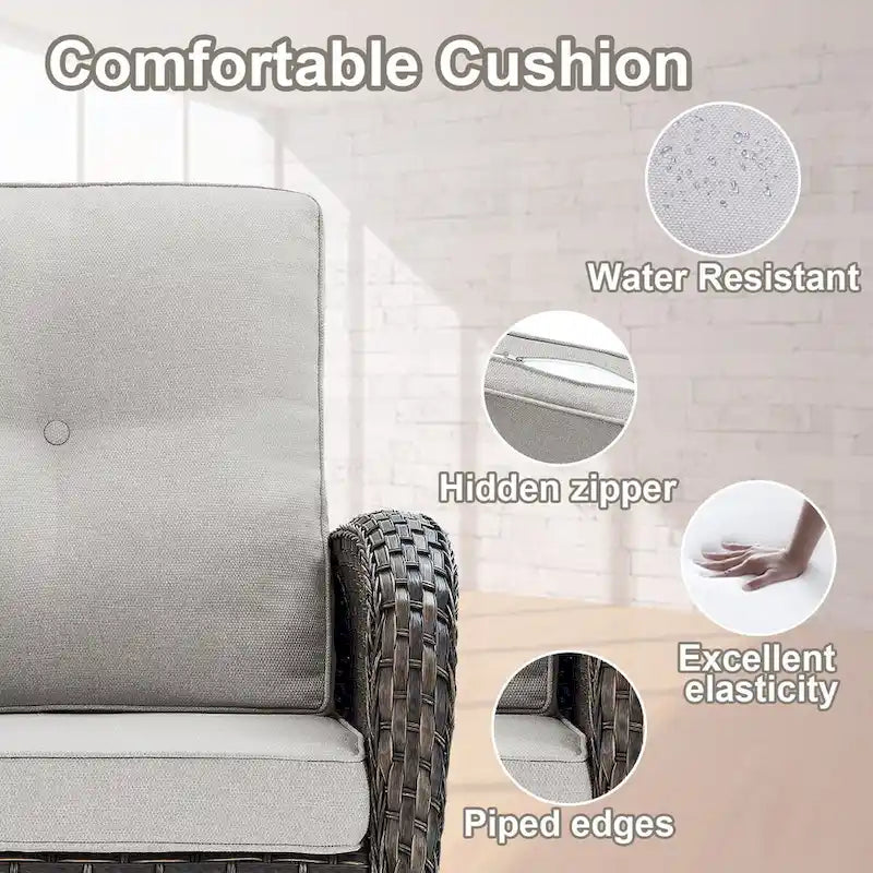Divano in Rattan con Poltrone Girevoli a Dondolo, Pouf - Marrone