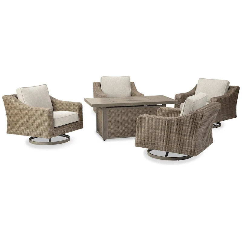 Tavolo con focolare Beachcroft di Signature Design by Ashley, marrone/beige, con 4 poltrone lounge girevoli Nuvella