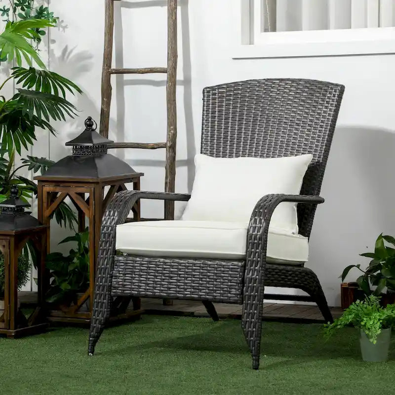 Sedia Adirondack in vimini per patio, sedia da falò in rattan per tutte le stagioni con cuscini morbidi, schienale alto curvo e braccioli