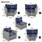Set Divano da Esterno Semicircolare a 9 Pezzi in Rattan Grigio e Cuscini Blu