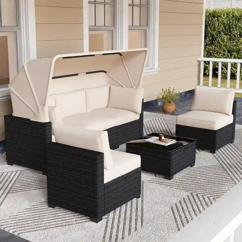 Set Mobili da Esterno in Rattan Sintetico 6 Pezzi con Baldacchino