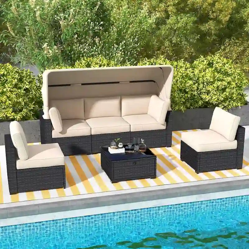 Set Mobili da Esterno in Rattan Sintetico 6 Pezzi con Baldacchino