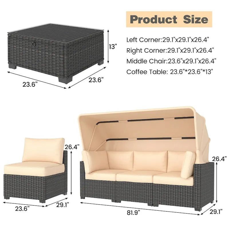 Set Mobili da Esterno in Rattan Sintetico 6 Pezzi con Baldacchino