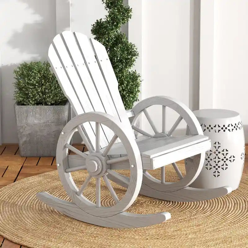 Wooden Adirondack Rocker Chair w/ Slatted Design and Oversized Back
