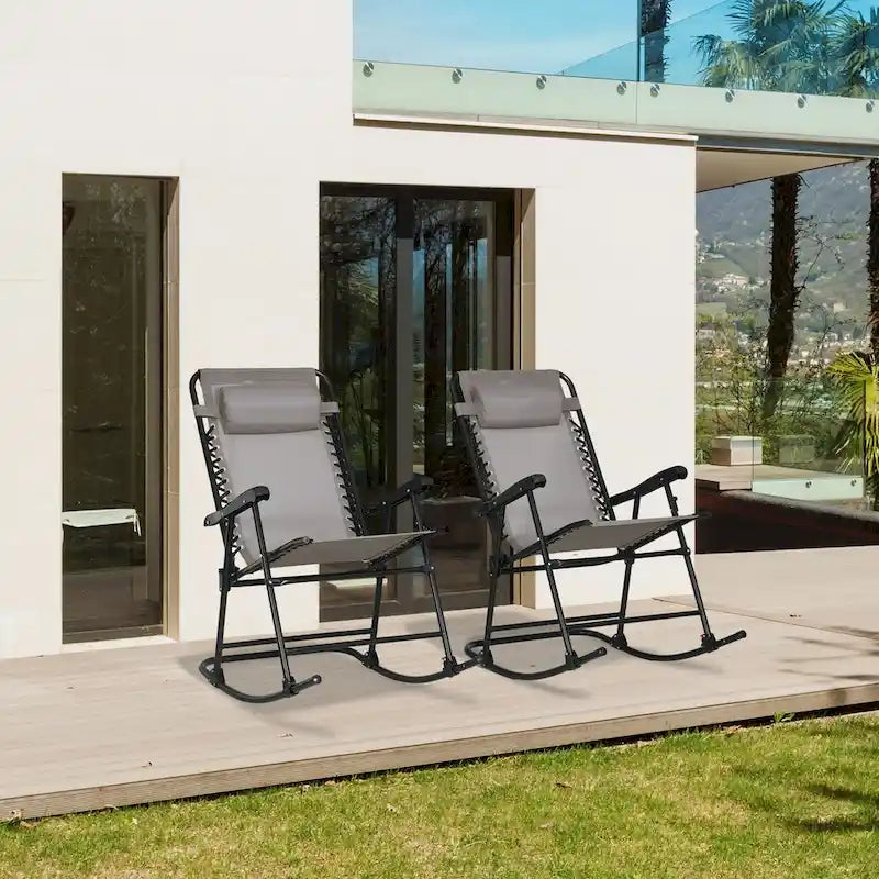 Ensemble de 2 chaises berçantes d'extérieur pliantes avec appuie-têtes pour jardin, patio, terrasse, cour arrière