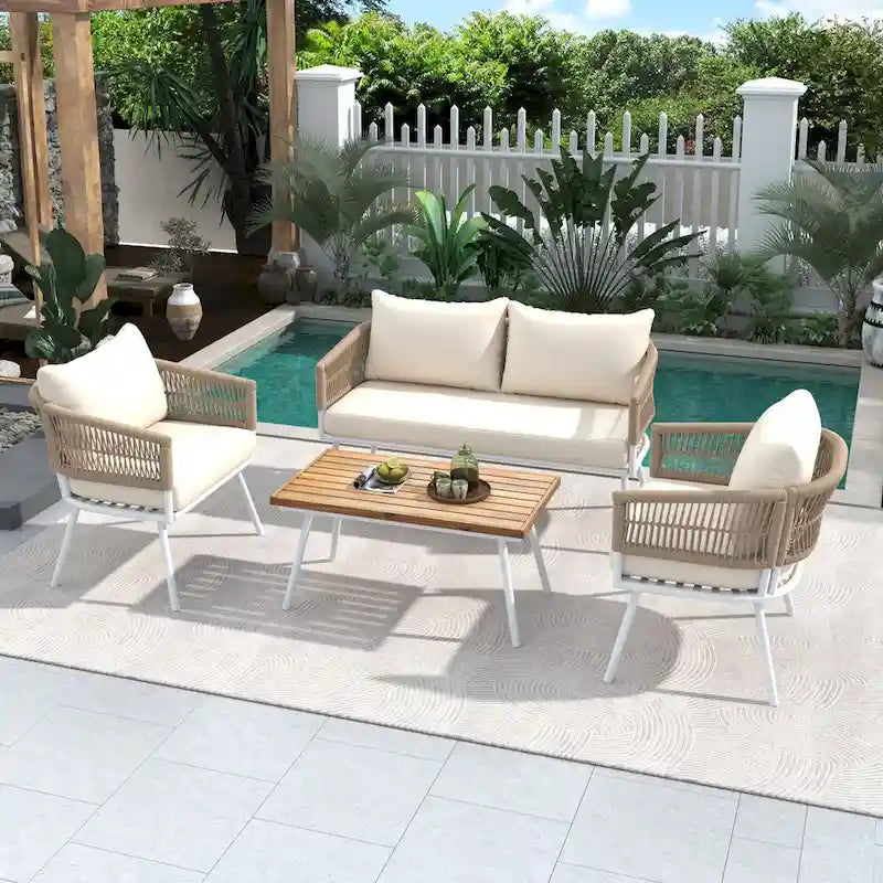 Set da conversazione da esterno Boho beige 4 pezzi con tavolo in legno di acacia, corda in PP fatta a mano e struttura in metallo, piedini regolabili