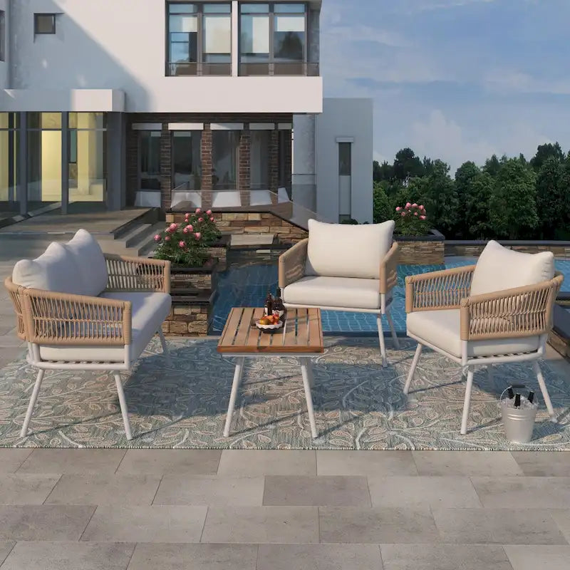 Set da conversazione da esterno Boho beige 4 pezzi con tavolo in legno di acacia, corda in PP fatta a mano e struttura in metallo, piedini regolabili