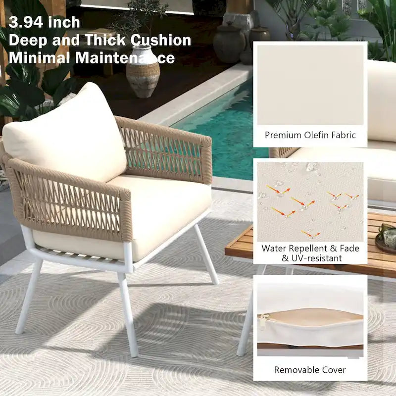 Set da conversazione da esterno Boho beige 4 pezzi con tavolo in legno di acacia, corda in PP fatta a mano e struttura in metallo, piedini regolabili