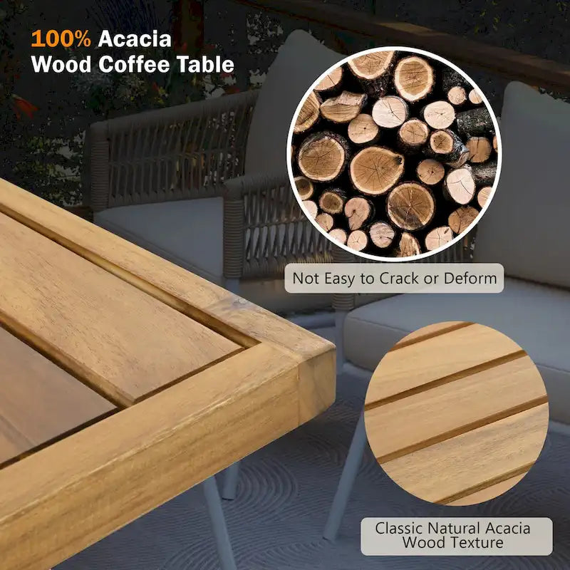 Set da conversazione da esterno Boho beige 4 pezzi con tavolo in legno di acacia, corda in PP fatta a mano e struttura in metallo, piedini regolabili
