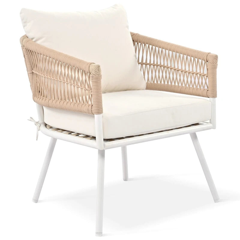 Set da conversazione da esterno Boho beige 4 pezzi con tavolo in legno di acacia, corda in PP fatta a mano e struttura in metallo, piedini regolabili