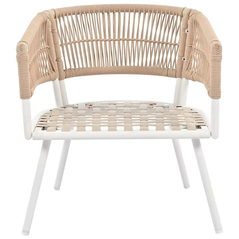 Set da conversazione da esterno Boho beige 4 pezzi con tavolo in legno di acacia, corda in PP fatta a mano e struttura in metallo, piedini regolabili