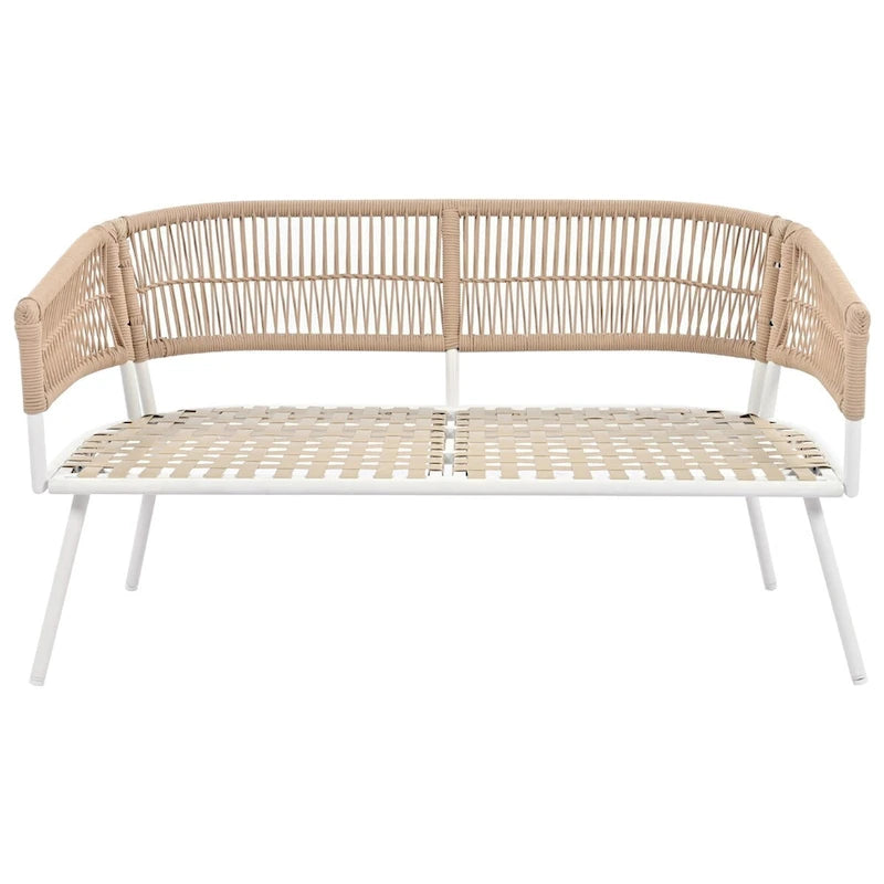 Set da conversazione da esterno Boho beige 4 pezzi con tavolo in legno di acacia, corda in PP fatta a mano e struttura in metallo, piedini regolabili