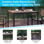 Tavolo in finto teak quadrato da 36" con struttura in acciaio nero e foro per ombrellone e 4 sedie Club