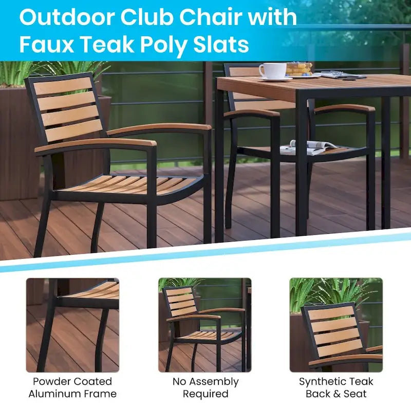 Tavolo in finto teak quadrato da 36" con struttura in acciaio nero e foro per ombrellone e 4 sedie Club