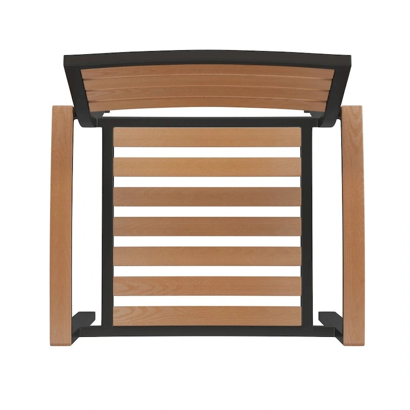 Tavolo in finto teak quadrato da 36" con struttura in acciaio nero e foro per ombrellone e 4 sedie Club
