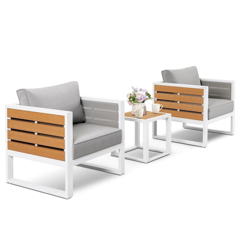 Set divano da esterno in alluminio, tavolino laterale, 2 poltrone, cuscini