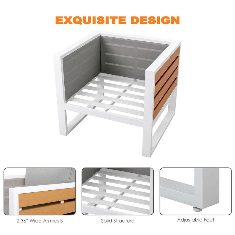 Set divano da esterno in alluminio, tavolino laterale, 2 poltrone, cuscini
