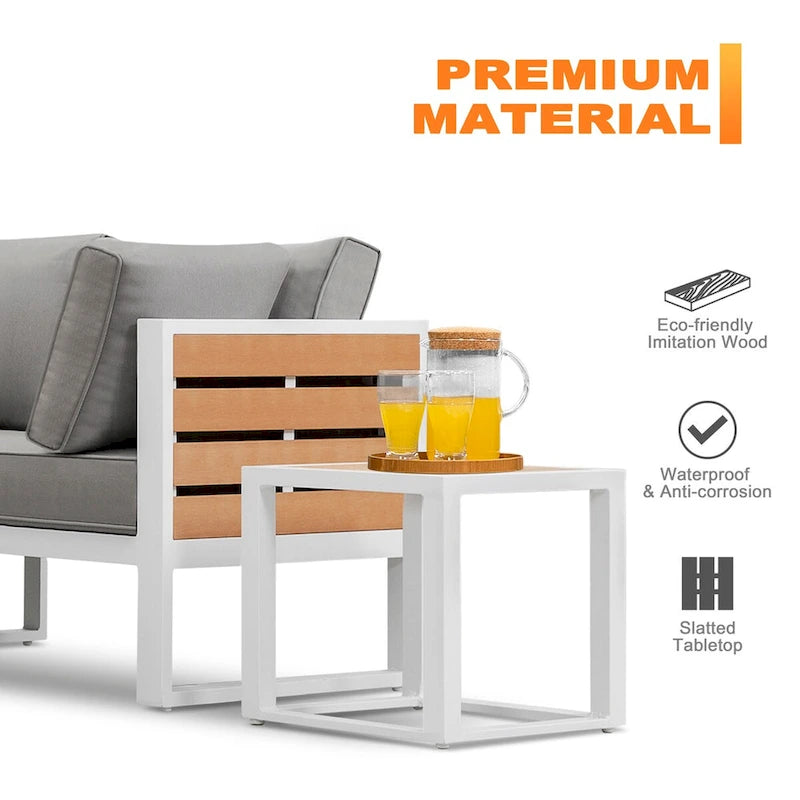 Set divano da esterno in alluminio, tavolino laterale, 2 poltrone, cuscini