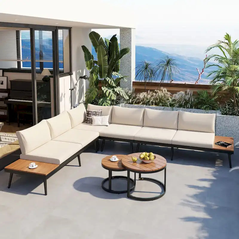 Set divano moderno da 6 pezzi per esterni con tavolini da caffè a incastro - Beige, legno di acacia e rattan in PE