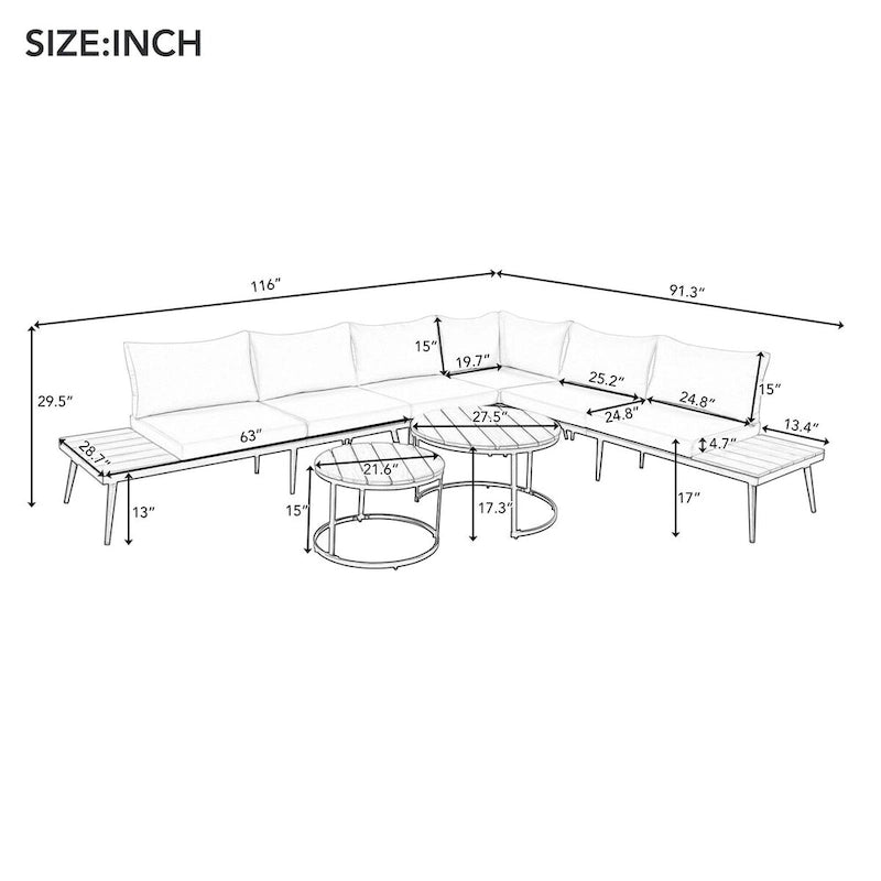 Set divano moderno da 6 pezzi per esterni con tavolini da caffè a incastro - Beige, legno di acacia e rattan in PE