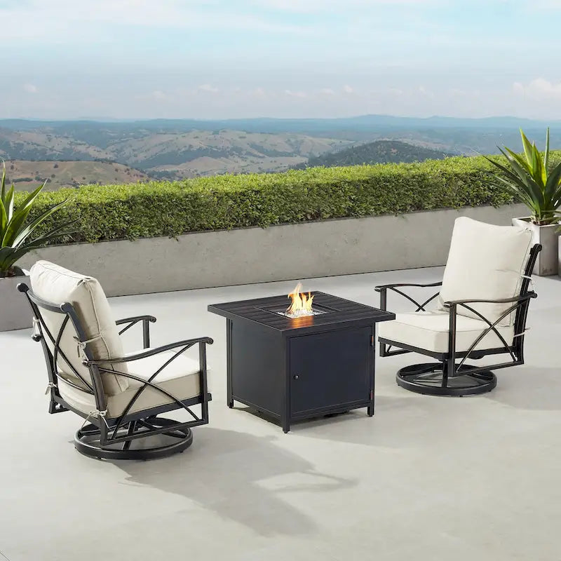 Black Aluminum Fire Table Bistro Set with Two Club Chairs