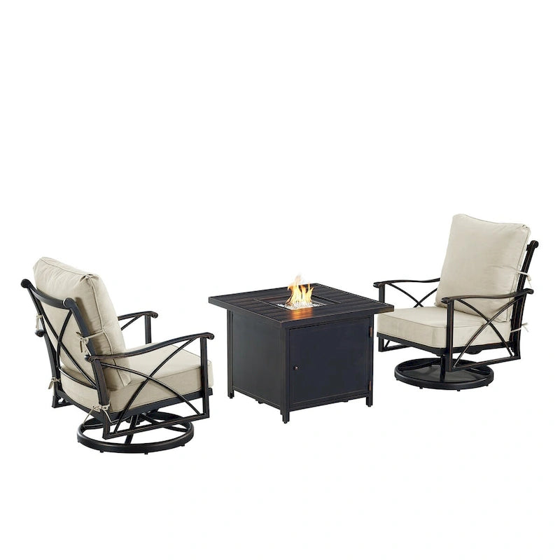Set bistrò con tavolo da fuoco in alluminio nero e due poltrone club