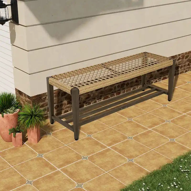 2-Tier Iron Frame Leather-Look Resin Wicker Bench