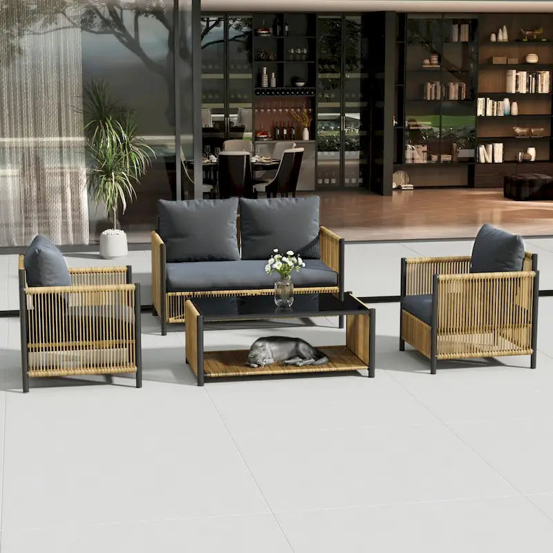 Nuovo Set da Salotto da Esterno 4 Pezzi con Divano in Rattan PE Marrone e Cuscini Grigi