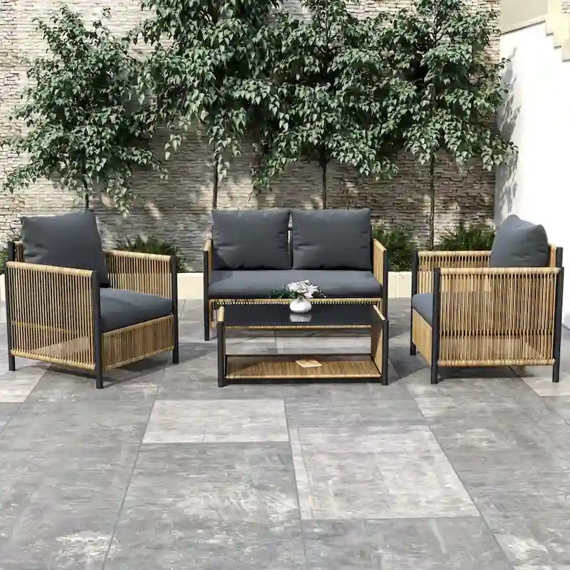 Nuovo Set da Salotto da Esterno 4 Pezzi con Divano in Rattan PE Marrone e Cuscini Grigi