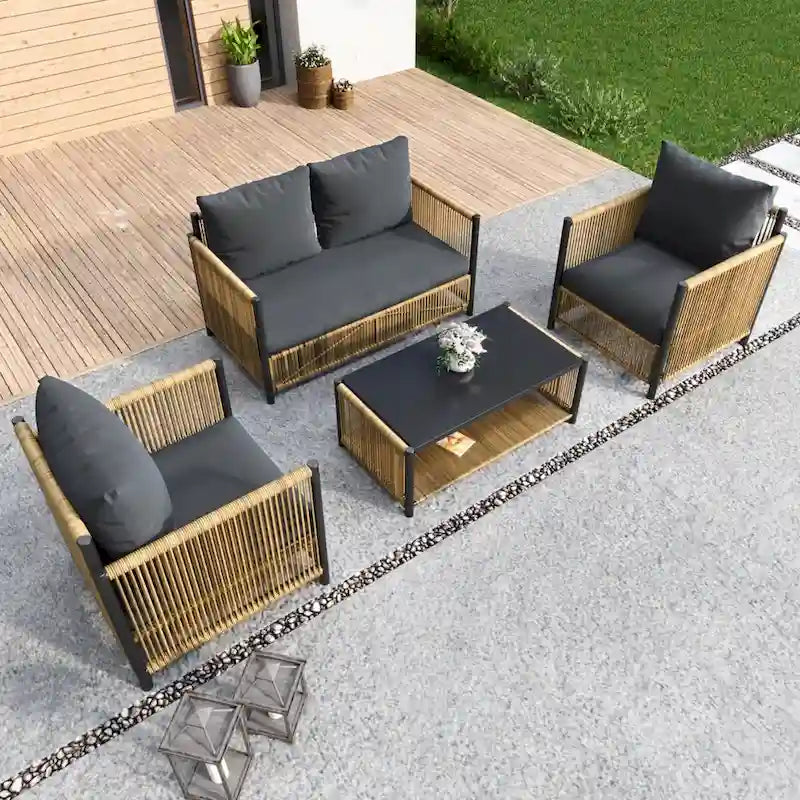 Nuovo Set da Salotto da Esterno 4 Pezzi con Divano in Rattan PE Marrone e Cuscini Grigi