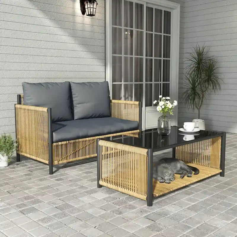 Nuovo Set da Salotto da Esterno 4 Pezzi con Divano in Rattan PE Marrone e Cuscini Grigi