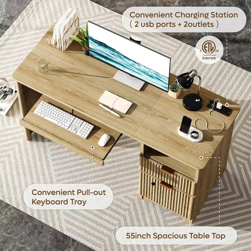 Bestier Scrivania per computer Smart 55", Scrivania in rovere con cassetti per documenti e presa di corrente, Scrivania direzionale con scomparti aperti e vassoio per tastiera