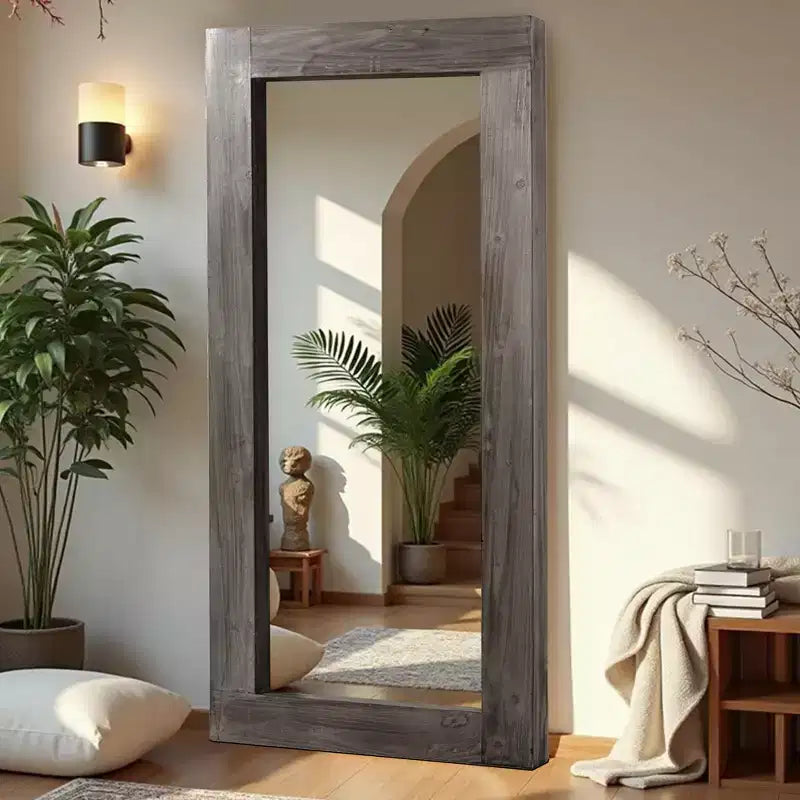 Specchio a figura intera rettangolare ad angolo retto in legno massiccio, usato, marrone, 71x31 pollici (senza staffa)