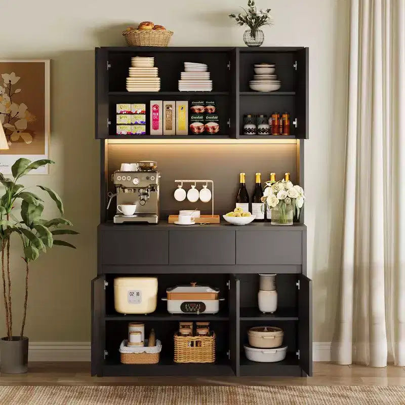 Mobile dispensa da cucina da 71 pollici, mobile credenza con luci a LED e prese di corrente, mobile buffet con supporto per microonde, ripiani regolabili