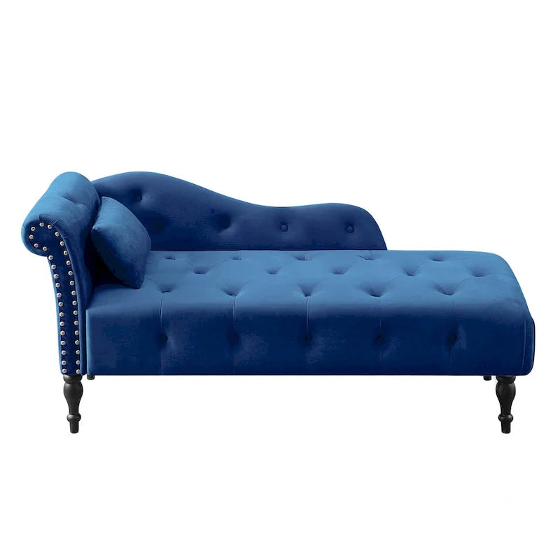 Moderna Chaise Longue da 60.6" in Velluto Imbottito con Bottoni Capitonnè, Gambe in Legno Massello e Borchie