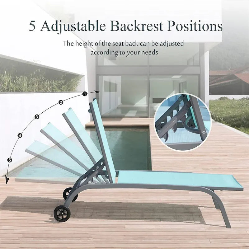 Set di 2 Chaise Longue, Sedie a Sdraio con Ruote, Sedie a Sdraio con 5 Posizioni Regolabili, Sedie da Piscina (2 Sedie a Sdraio)