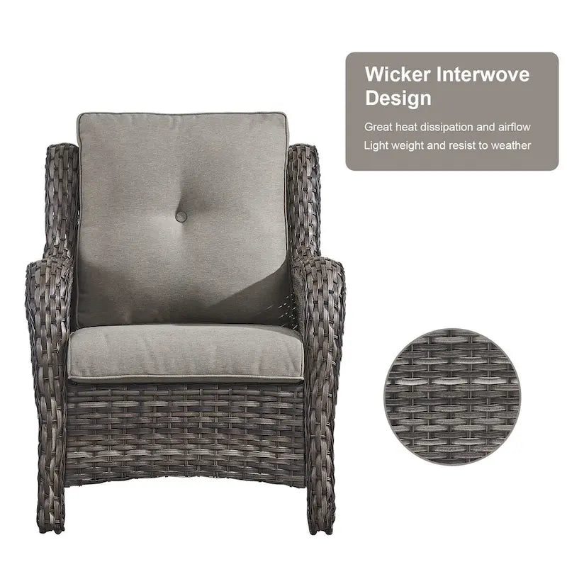 Set Soggiorno Esterno in Rattan con Poltrona, Pouf e Tavolo con Braciere - Grigio