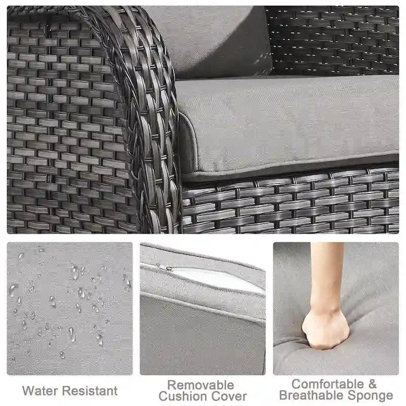 Set Soggiorno Esterno in Rattan con Poltrona, Pouf e Tavolo con Braciere - Grigio