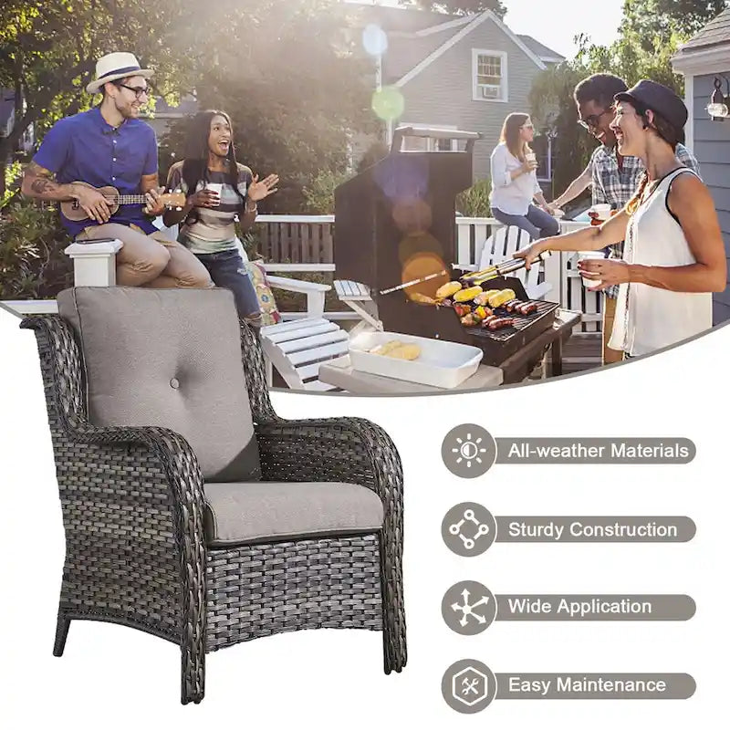 Set Soggiorno Esterno in Rattan con Poltrona, Pouf e Tavolo con Braciere - Grigio
