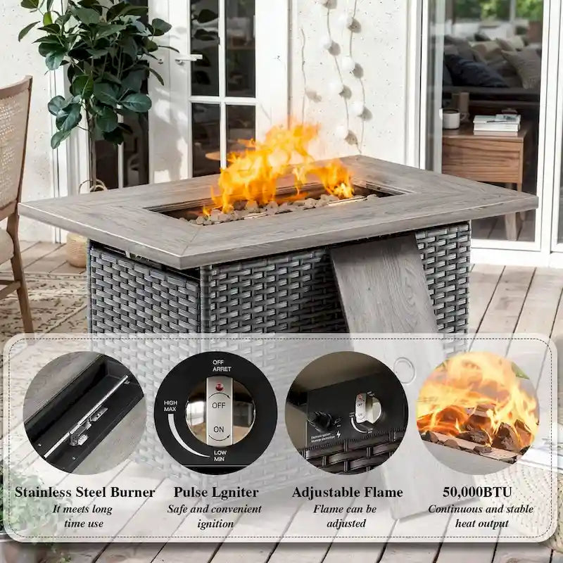 Set Soggiorno Esterno in Rattan con Poltrona, Pouf e Tavolo con Braciere - Grigio