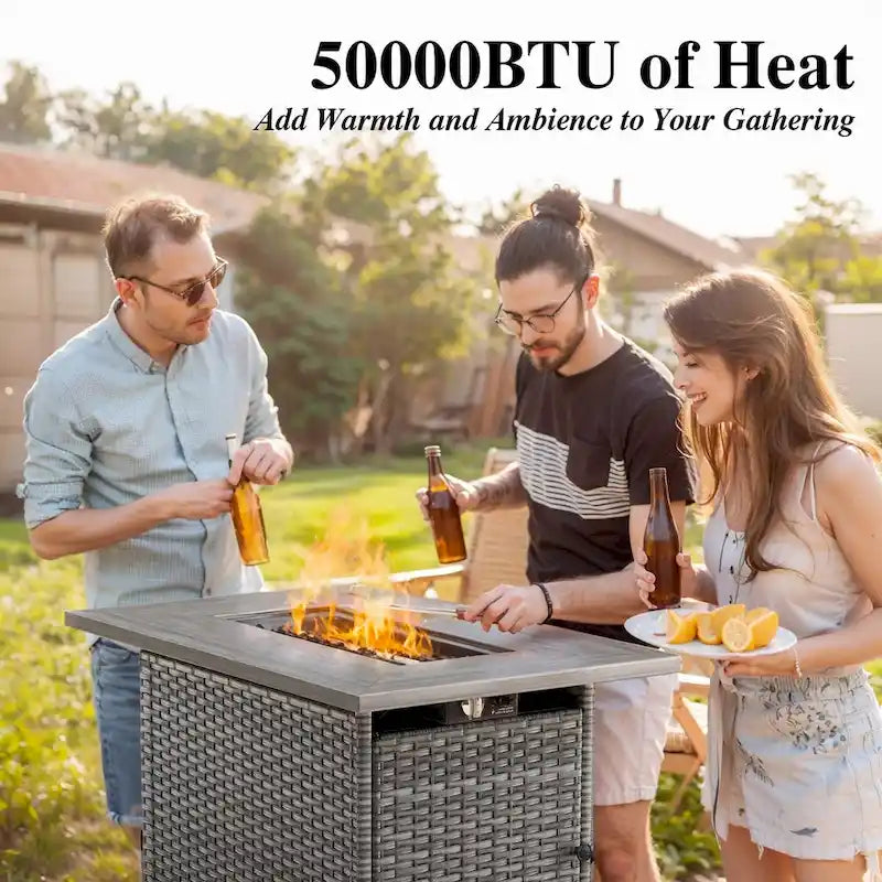 Set Soggiorno Esterno in Rattan con Poltrona, Pouf e Tavolo con Braciere - Grigio