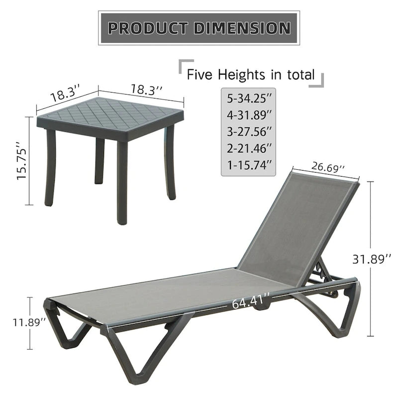 Set di 3 sedie a sdraio da patio, sedia prendisole in polipropilene con 5 posizioni regolabili (2 sedie a sdraio + 1 tavolo)