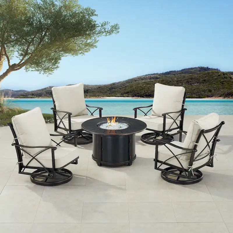 Black Aluminum Fire Table Set with Four Club Chairs
